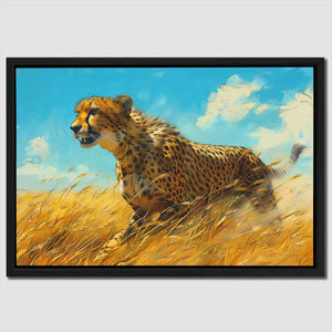 a painting of a cheetah running through a field