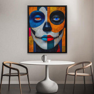 a table with two chairs and a painting on the wall