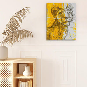 a painting of a lion on a wall next to a potted plant