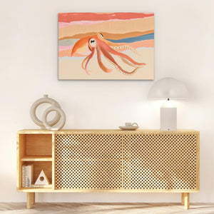 a painting of an octopus on a wall above a wooden cabinet