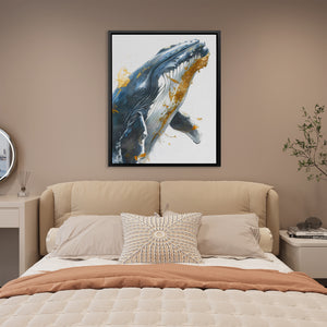 a picture of a whale on a wall above a bed