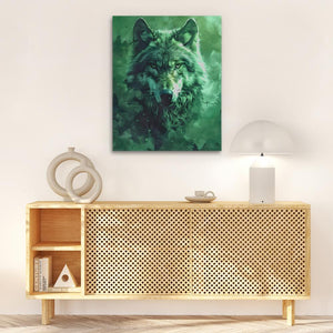 a painting of a wolf on a white wall