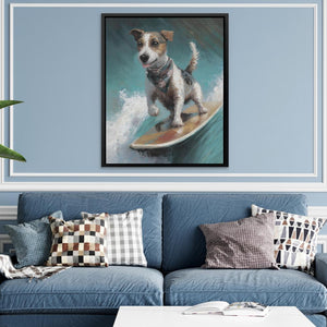 a painting of a dog riding a surfboard