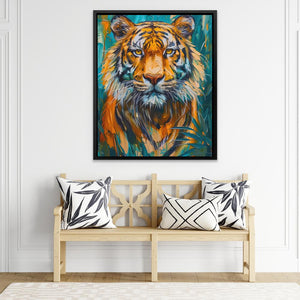 a painting of a tiger on a wall above a bench