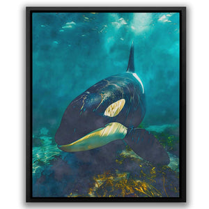 a painting of an orca swimming in the ocean