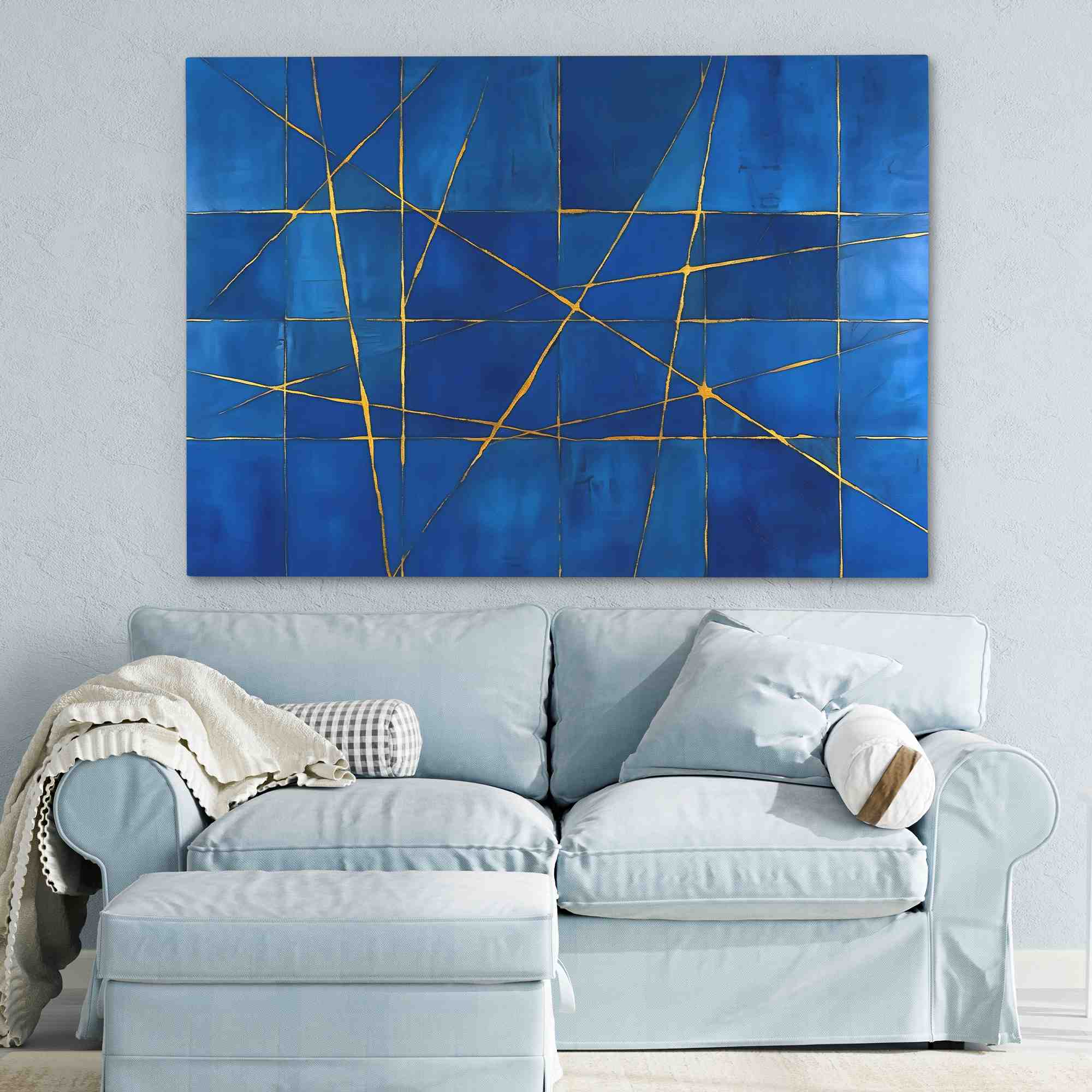 a blue painting with gold lines on it
