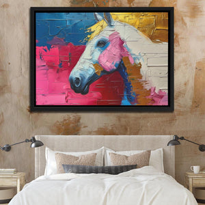 a painting of a horse on a wall above a bed