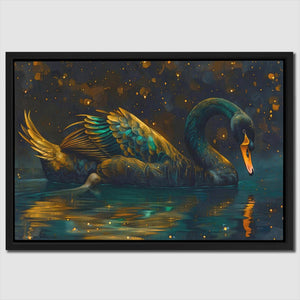 a painting of a swan floating on top of a body of water