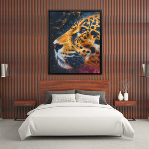 a picture of a tiger on a wall above a bed