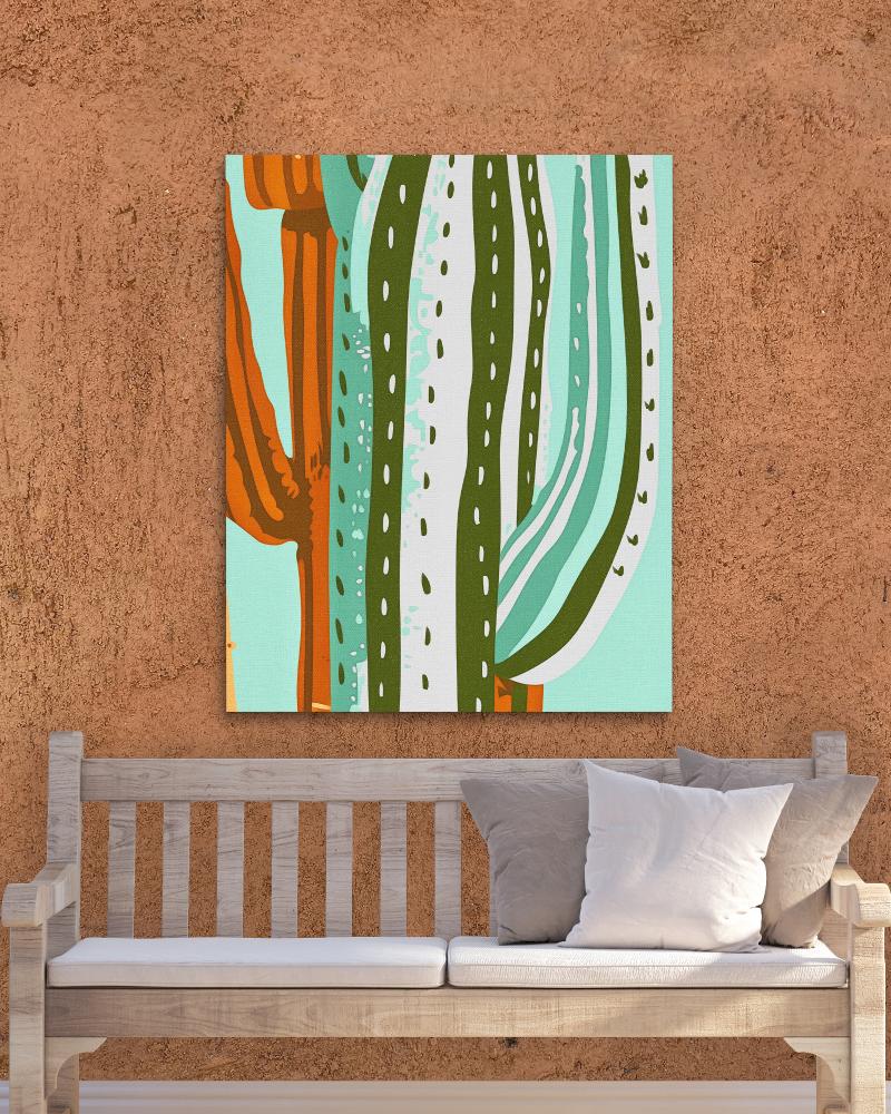 a painting of a cactus on a green background