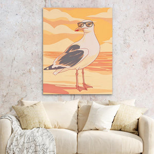 a painting of a seagull on a wall above a couch