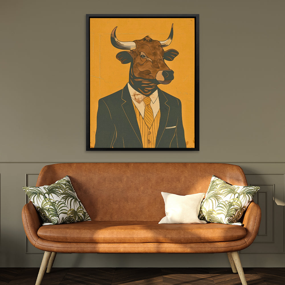 a painting of a bull wearing a suit and tie