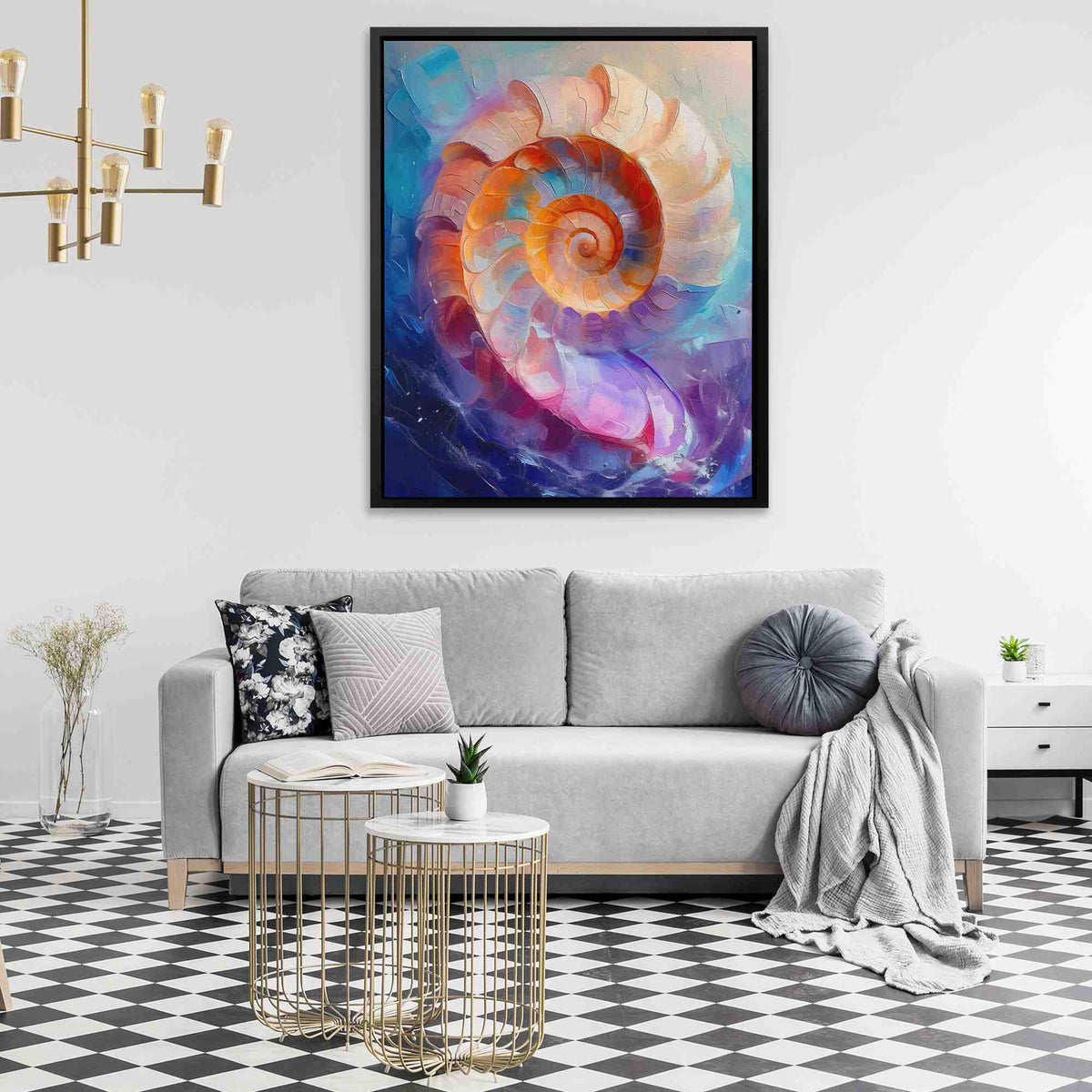 a living room with a couch and a painting on the wall