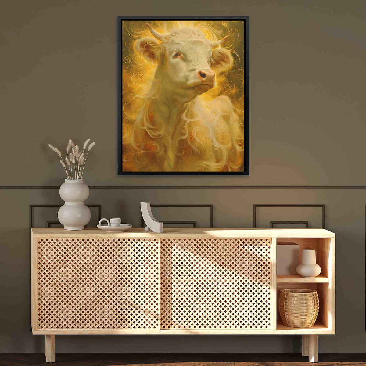 a painting of a cow on a wall