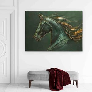 a painting of a horse on a wall above a bench