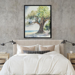 a bedroom with a large bed and a painting on the wall