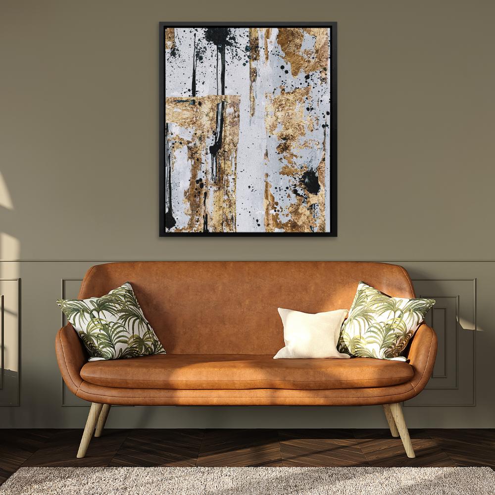 an abstract painting on a white wall with black and gold paint