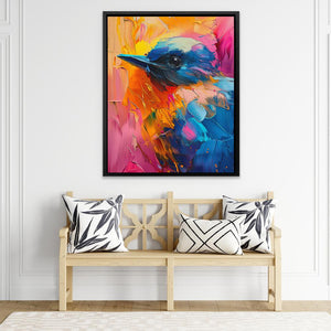 a painting of a colorful bird on a white wall