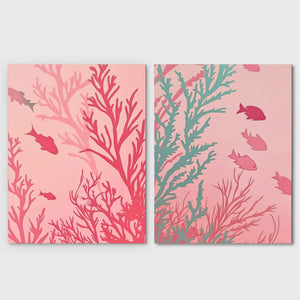 two paintings of corals and fish on a pink background