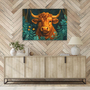 a painting of a cow in a room