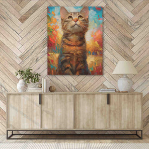 a painting of a cat sitting on top of a wooden cabinet