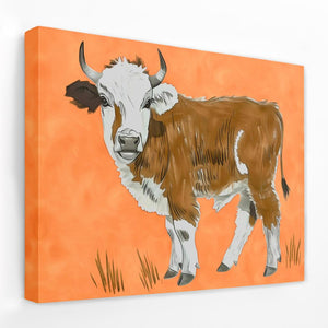 a painting of a cow on an orange background