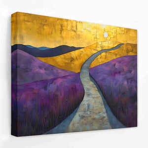 a painting of a road going through a field