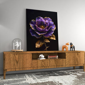 a painting of a purple flower on a black background