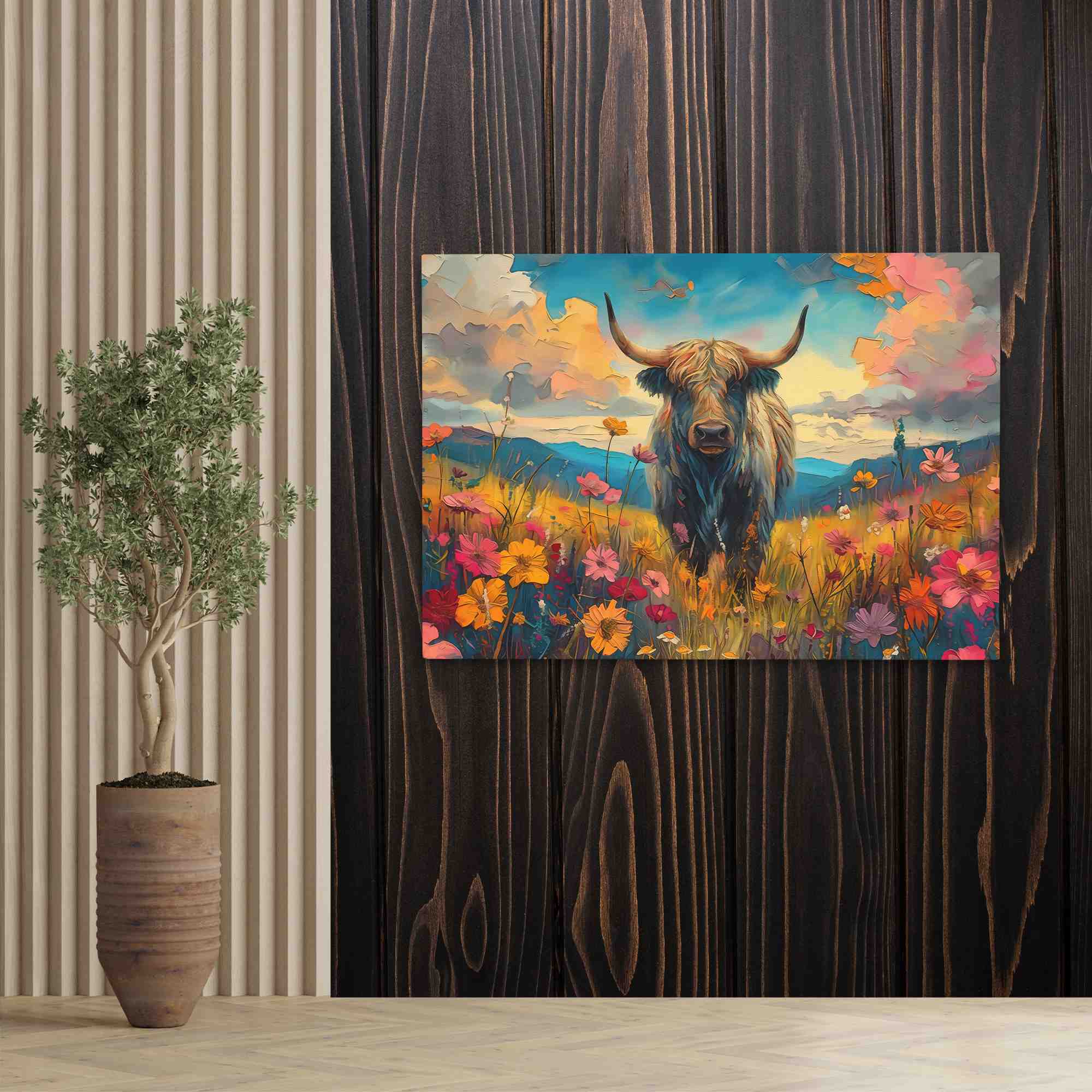 a painting of a bull standing in a field of flowers