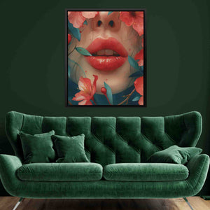 a green couch with a painting of a woman's face on it