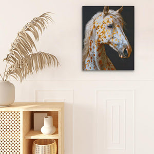 a painting of a giraffe on a wall next to a potted plant