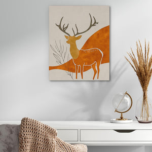 a painting of a deer on a wall above a desk