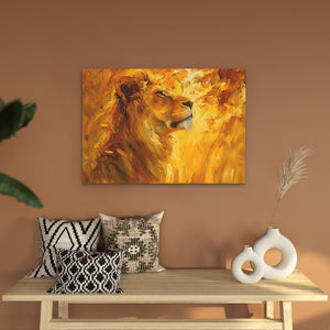 a painting of a lion on a wall above a table