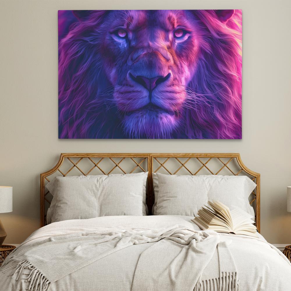 a purple lion with blue eyes on a white wall