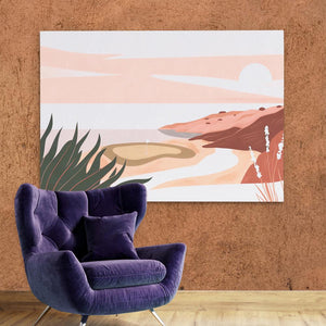 a purple chair sitting in front of a painting on a wall