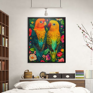 a painting of two parrots on a wall above a bed