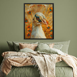 a painting of a peacock on a green wall above a bed