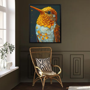 a painting of a hummingbird on a wall above a chair