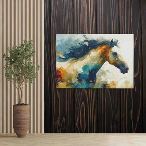 a painting of a horse on a wall next to a potted plant