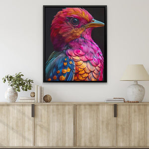 a painting of a colorful bird on a wall