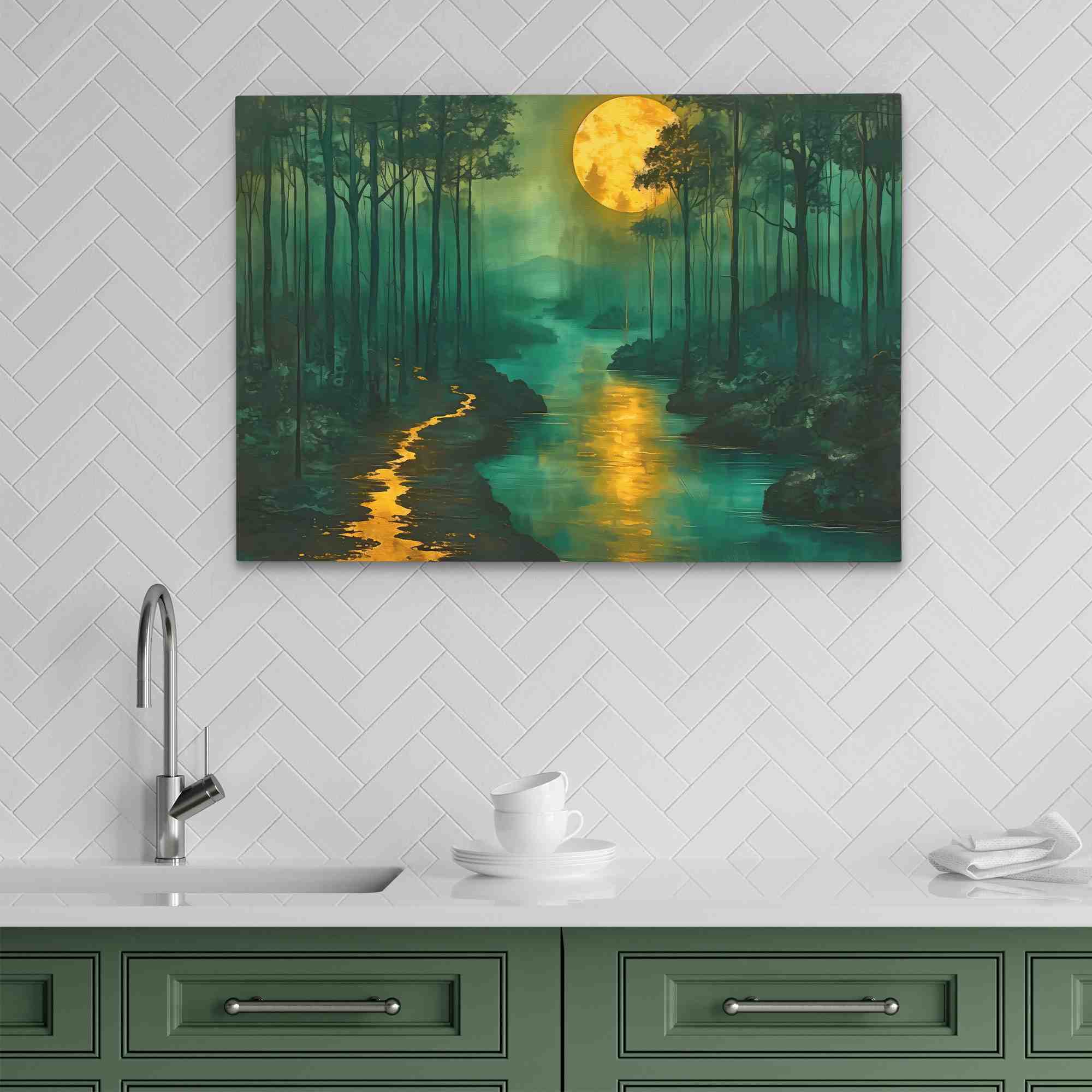 a painting of a river running through a forest