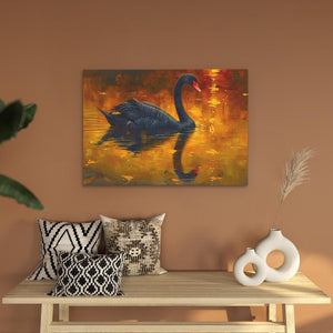 a painting of a black swan on a yellow background