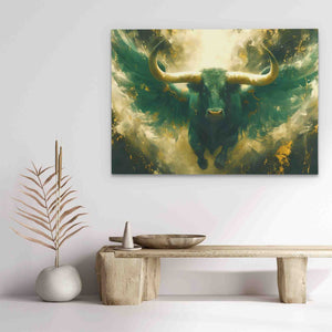 a painting of a bull on a wall above a table