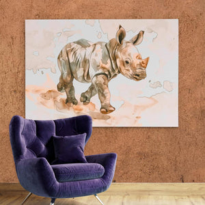 a painting of a rhino on a wall next to a purple chair