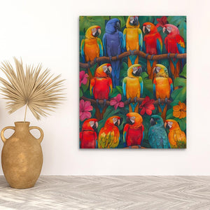 a painting of a group of parrots on a branch