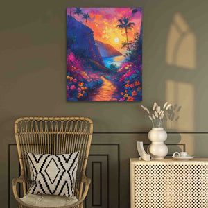 a painting on a wall above a wicker chair