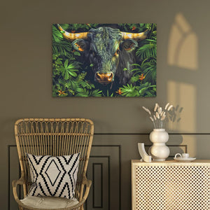 a painting of a bull in the jungle