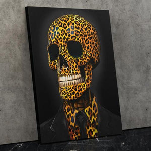 a painting of a skull wearing a leopard print