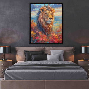 a painting of a lion on a wall above a bed