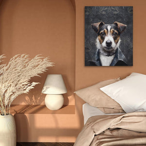 a brown and white dog sitting on top of a bed